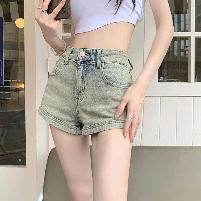Zipper pocket design stretch denim shorts for women, straight fit, slimming, hip-hugging, high-waisted A-line pants S