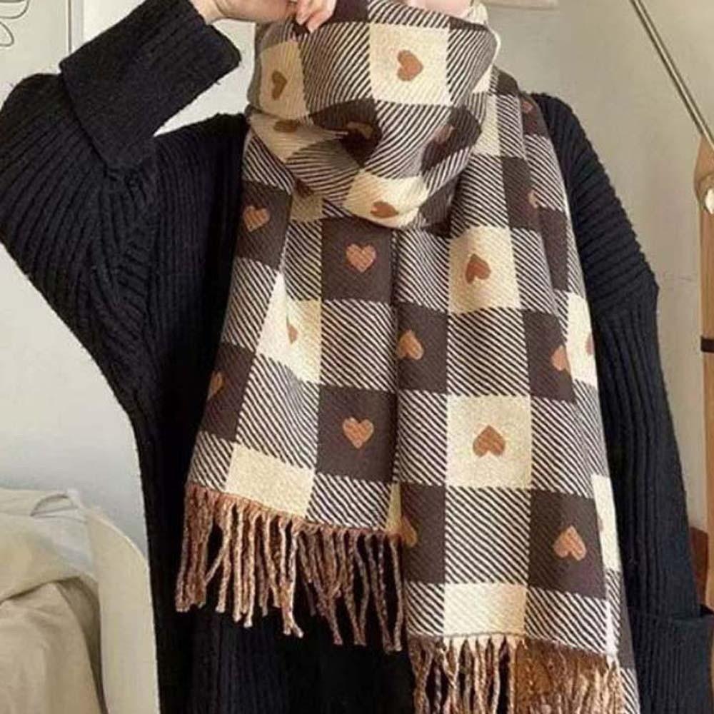 Warmer Plaid Knitted Scarf Long Tassel Shawl Gifts Heart Thickened Scarf  Spring