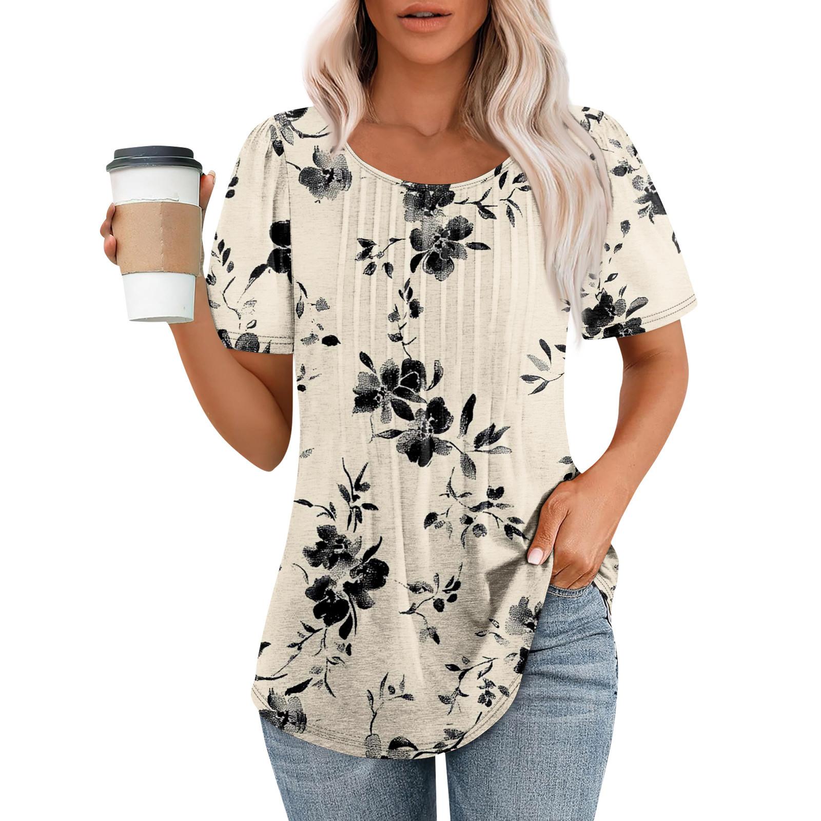 

Женская модная повседневная плиссированная футболка с коротким рукавом с принтом XL бежевый