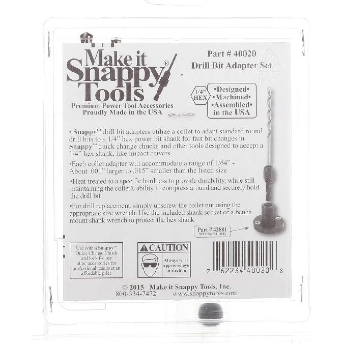 

Набор адаптеров для сверл Make it Snappy Tools 40020, 7 шт., для металла, дерева или пластика, размеры сверл 1/16, 3/32, 1/8, 5/32, 3/16, 7/32 и 1/4 дюйма, шестигранный хвостовик