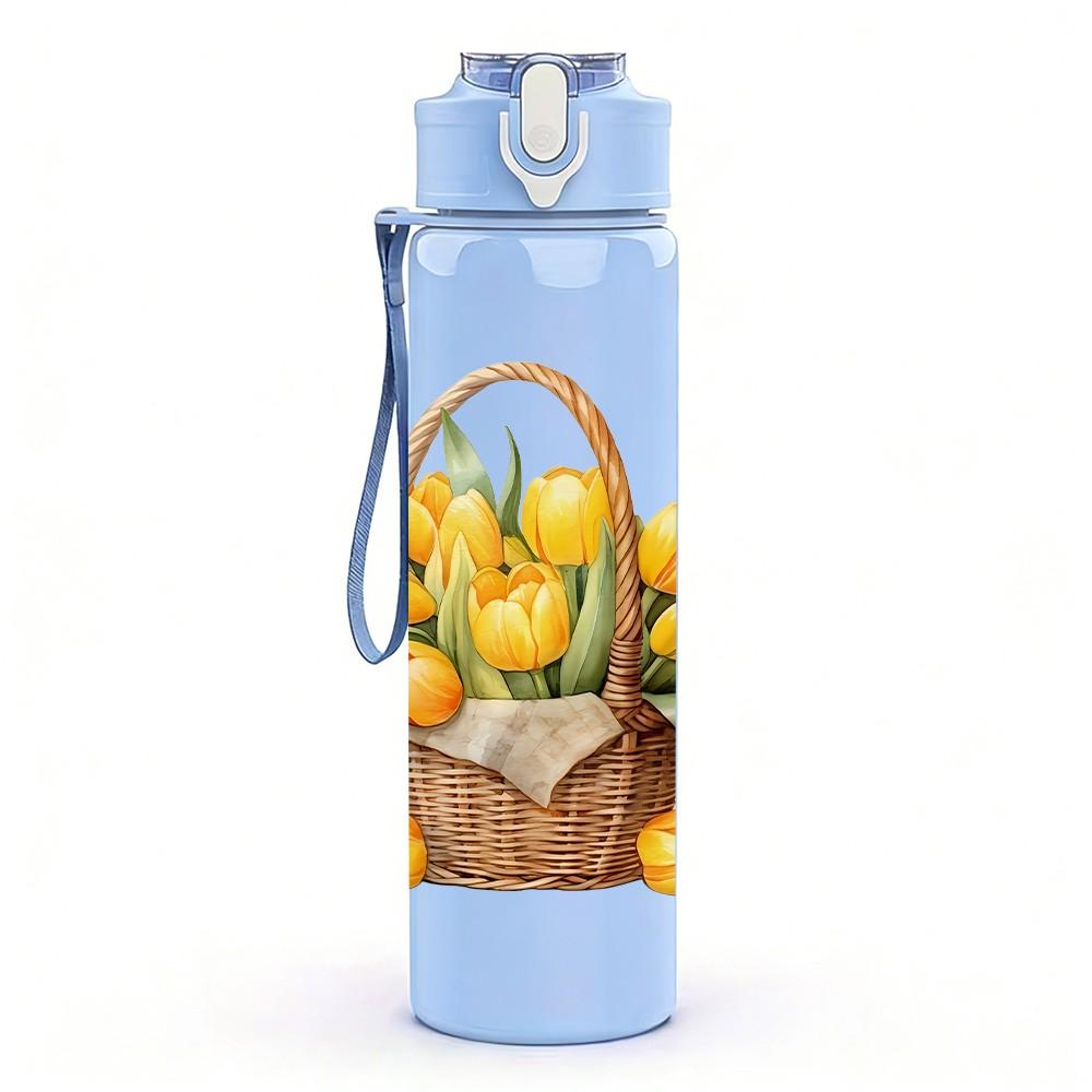 1PC Flower Basket Vintage Watercolor Pattern 750ml Color Plastic Sports Water Bottle Leakproof Flip Straw Lid Suitable for Sports Office Home Use