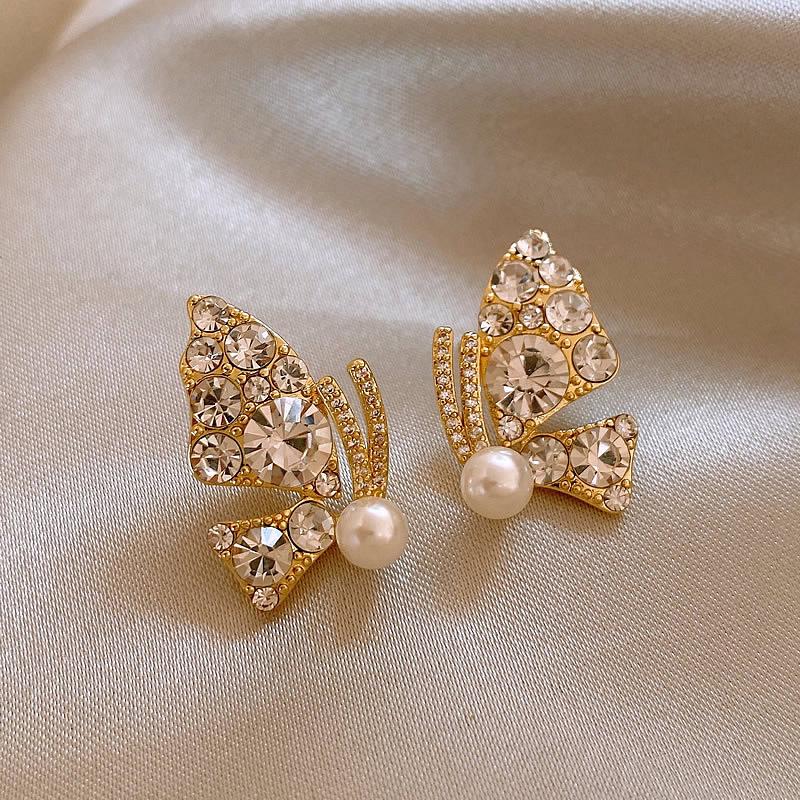 Elegant Diamond Pearl Butterfly Stud Earrings - 2023 New Style Versatile High-Grade Fashion Jewelry