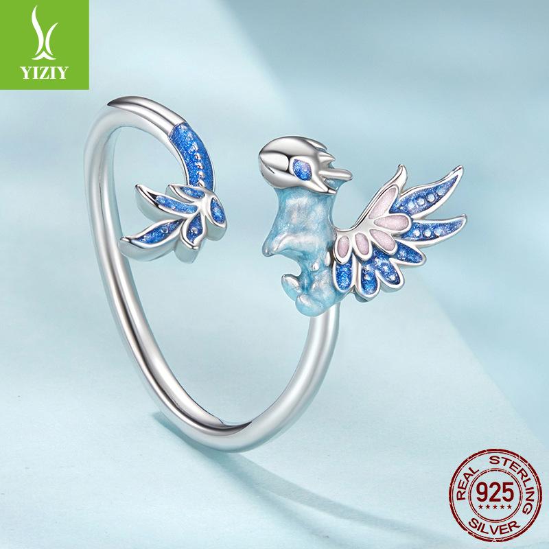 S925 Sterling Silver Blue Dragon Open Ring, Cross-Border Popular Personalized Ring Hand Jewelry