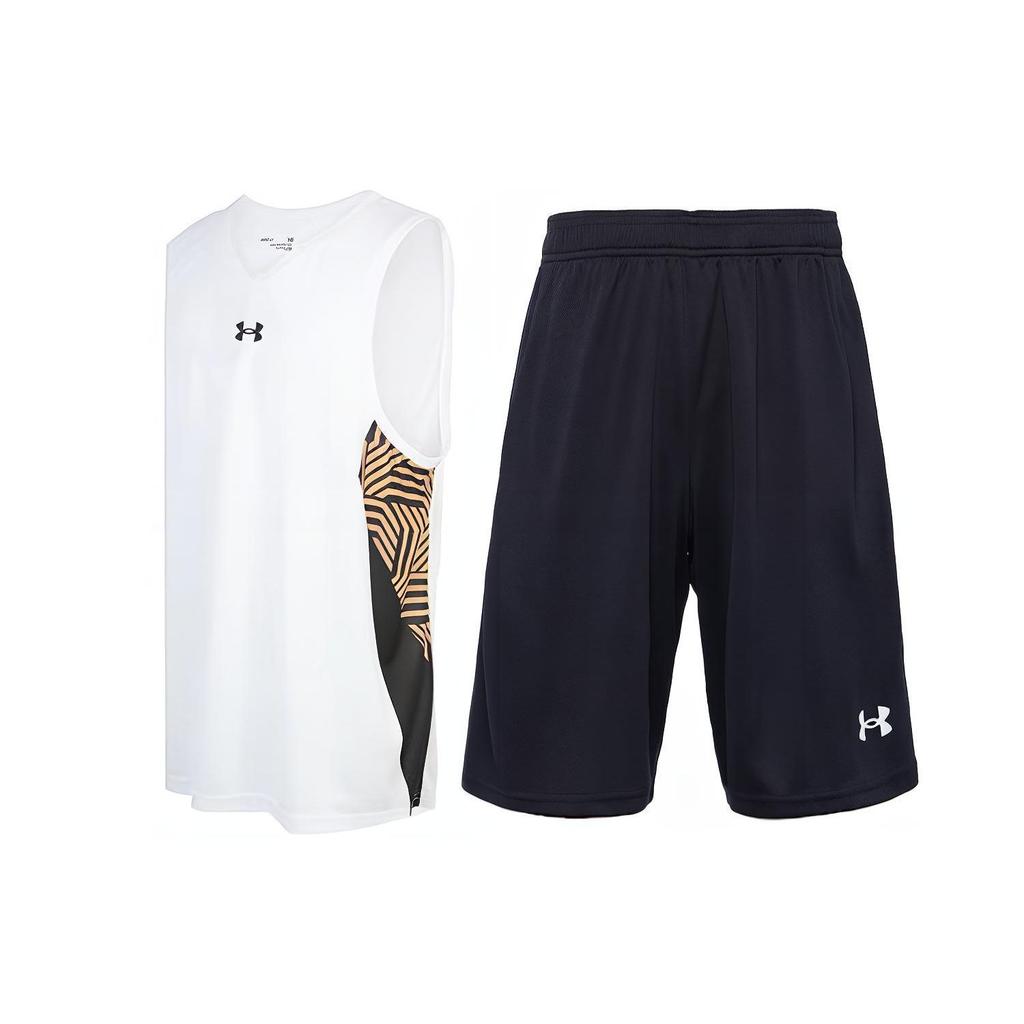 Under Armour Logo Print V-Neck Tank Top Knit Training Sports Shorts Basketball Set Men sets White Black 23500101-100-+-21500201-001