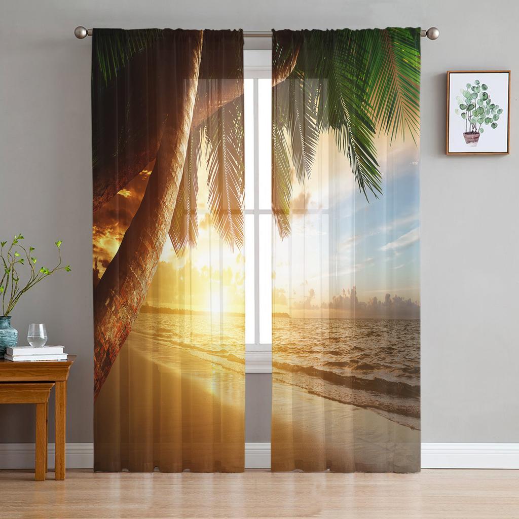 Dusk Beach Coconut Trees Chiffon Sheer Curtains for Living Room Bedroom Home Decoration Window Voile Tulle Curtain Drapes