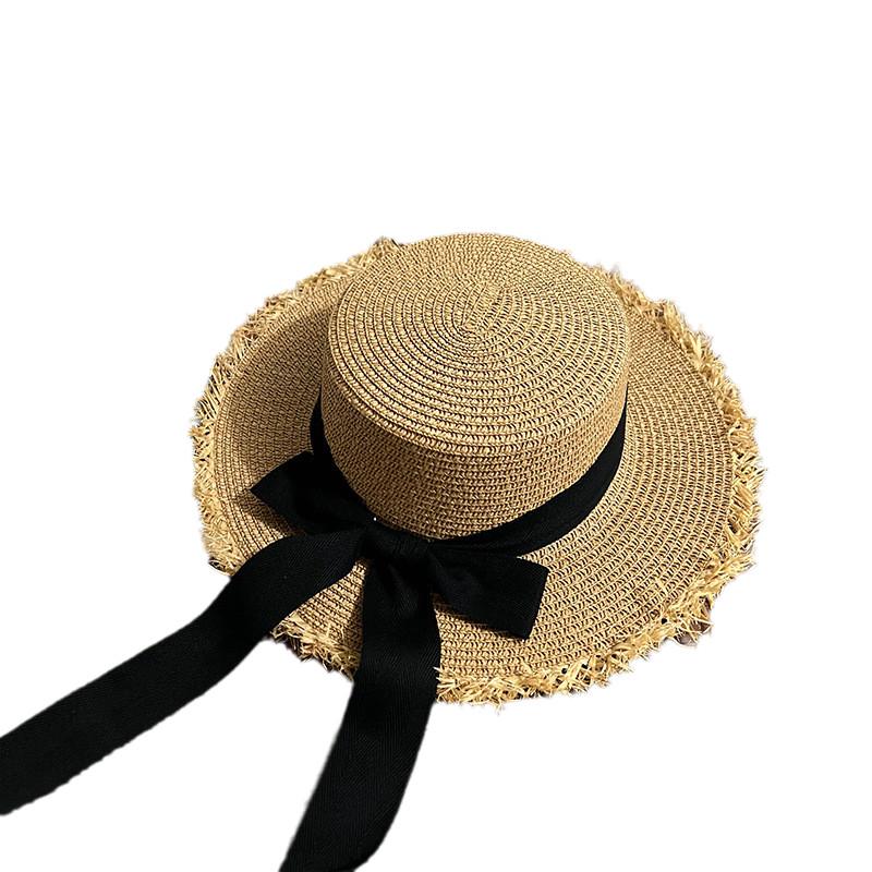 Sommer Frische Runde Oberseite Strohhut Damen Strandurlaub Sonnenhut Schmetterlingsknoten Binden Sonnenschirmkappe