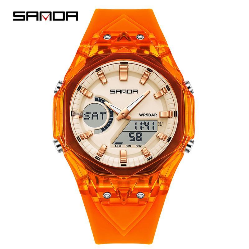 Sanda Dual Display Multifunction Fashion Wristwatch with Colorful Transparent Case for Youthful Korean Style