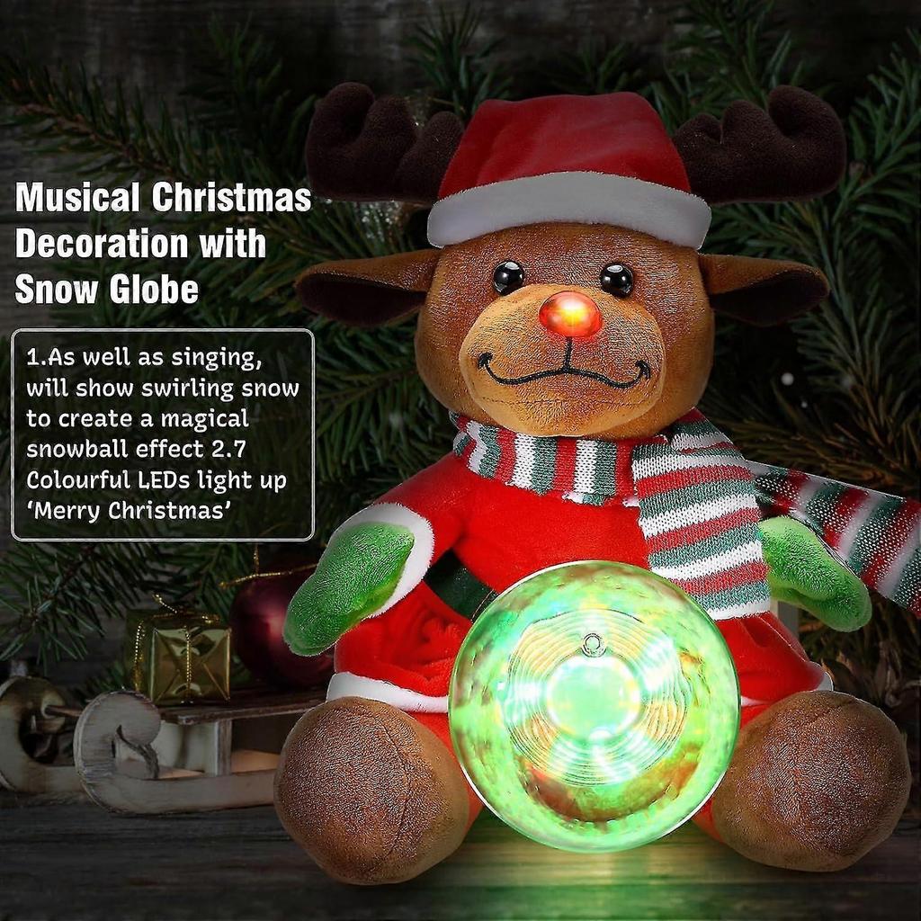 10 inches (about 25.4 cm) Christmas Elk Stuffed Animal Plush Toy with Musical Snow Globe and LED Lights Christmas Ornament Musical Doll Holiday Gift