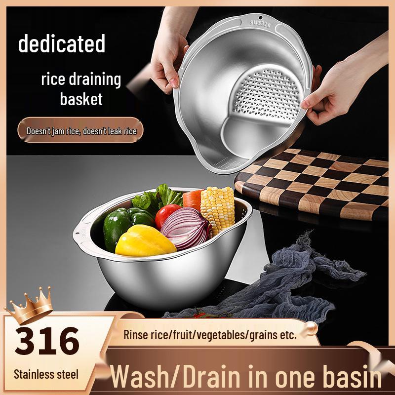 

Thickened Stainless Steel Multi-Use Rice and Vegetable Washing Basket with Drainage 316 Stainless Steel Sieve