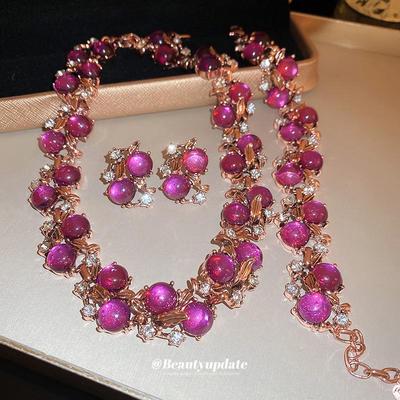 Conjunto de Collar y Pulsera de Flor de Pedrería Vintage - Elegante Cadena Clavicular Francesa para Otoño/Invierno