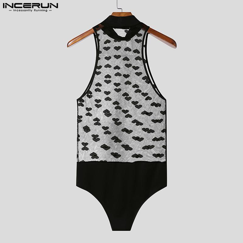 INCERUN Ανδρικά Κολάν Αμάνικα με Ψηλό Λαιμό Patchwork Διχτυωτά Διαφανή Εσώρουχα Ολόσωμες Φόρμες