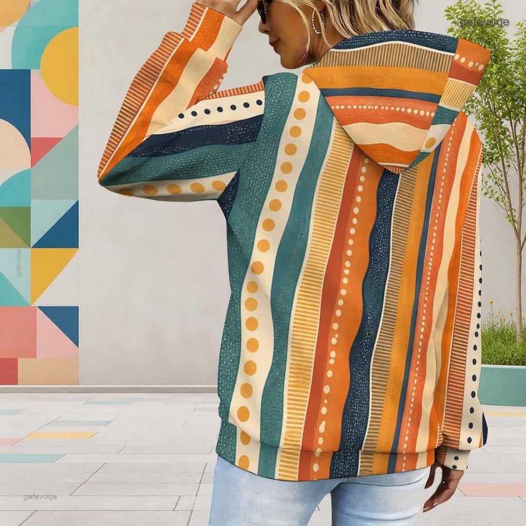 Kadın Plus Beden Uzun Kollu İpli Kapüşonlu Sweatshirt Soyut Baskılı Kanguru Cepli Pullover
