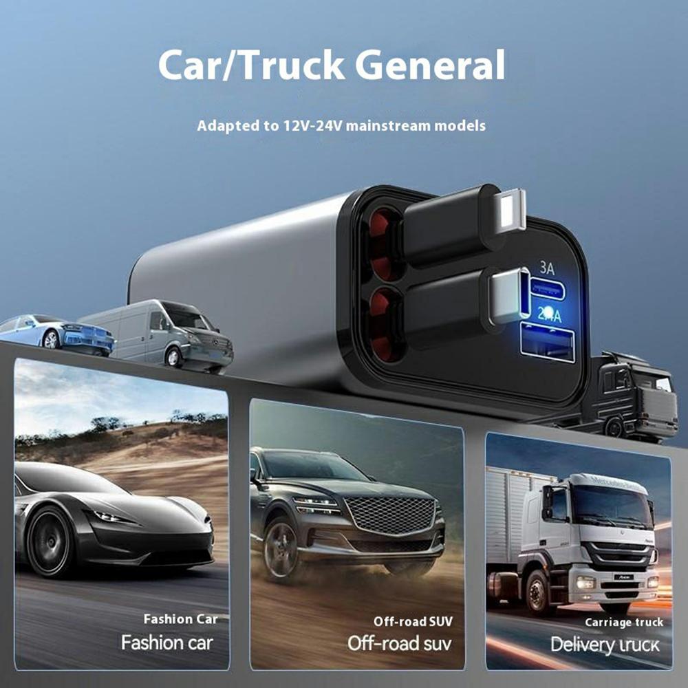 PT-27 Car Charger with Type-C/iP Retractable Cable Super Fast Charging Cable for Cell Phones, Tablets