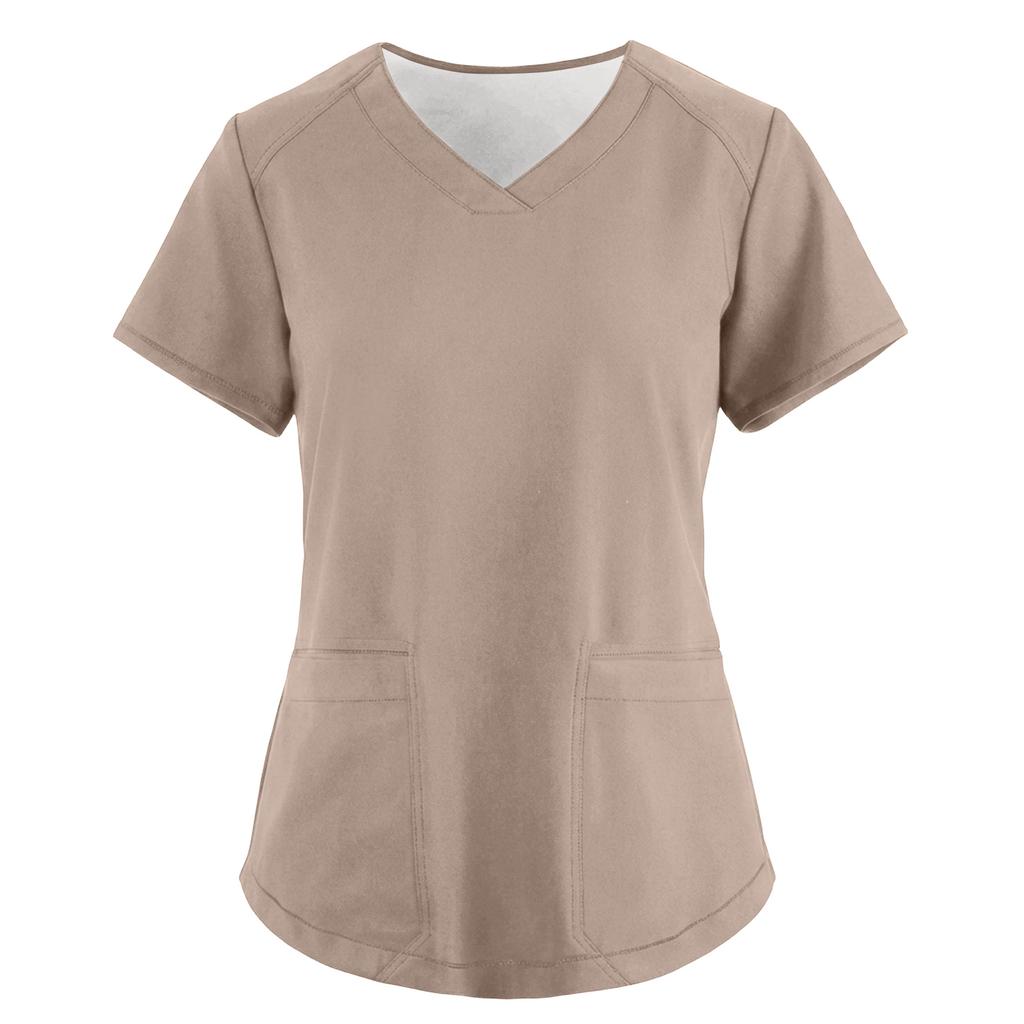 Women's Fashionable Loose-Fit Short-Sleeve V-Neck Pocket Workwear Top