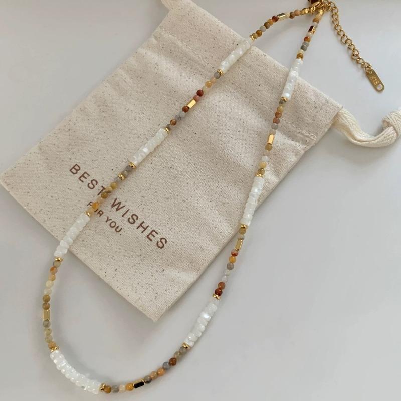 White Shell Earthy Beaded Choker Necklace – Gold Accent Minimalist Boho Necklace for Women, Dainty Everyday Jewelry Gift