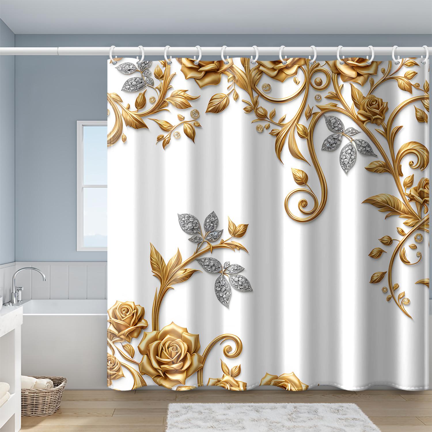 

Elegant Gold And White Floral Waterproof Shower Curtain – Perfect For Adding A Luxurious And Stylishtouch Toyour Bathroom Decor W60H190(CM)-1 Pcs