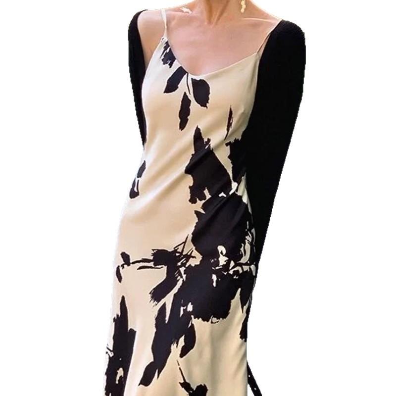 French Suspender Dress Femininity Slim Waist Summer New V-neck Printed Commuter Medium and Long Skirt