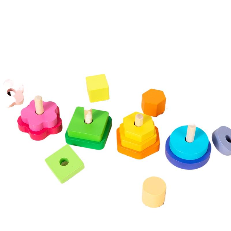 Wooden Four-Column Shape Sorting Stacking Toy - Suitable for Toddlers' Fine Motor Skills and Shape/Color Recognition