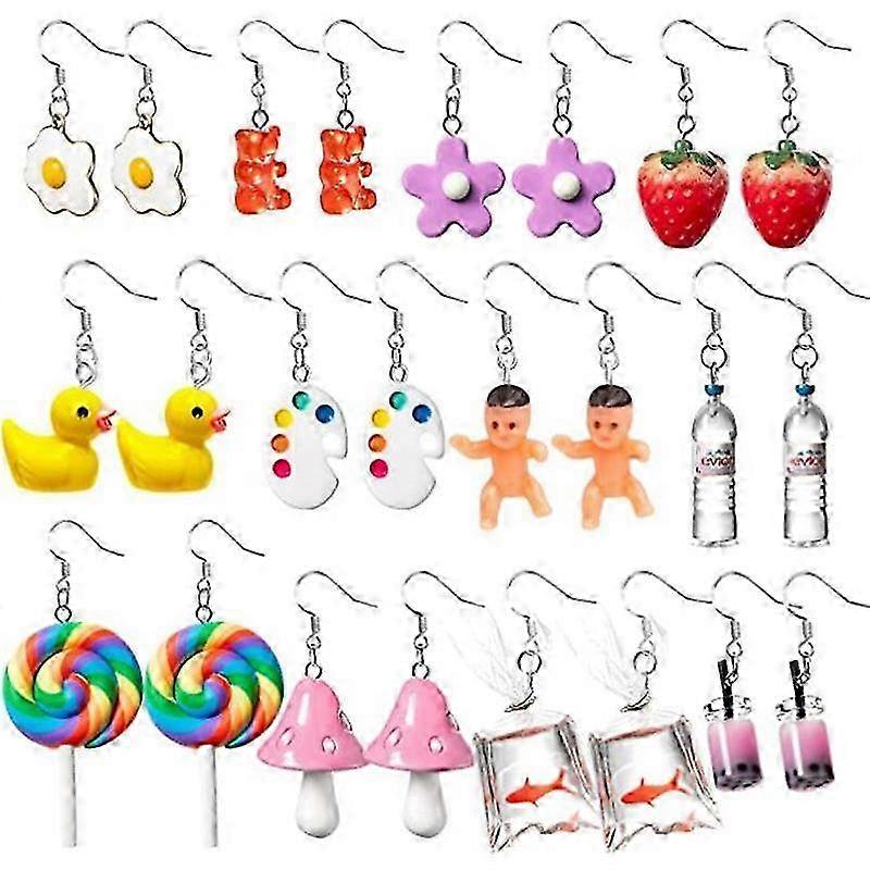 12 Pairs Cute Funny Earrings Weird Earrings Mushroom Goldfish Water Bottle Earrings Milk Tea Dangle Earrings Bulk for Women Girls
