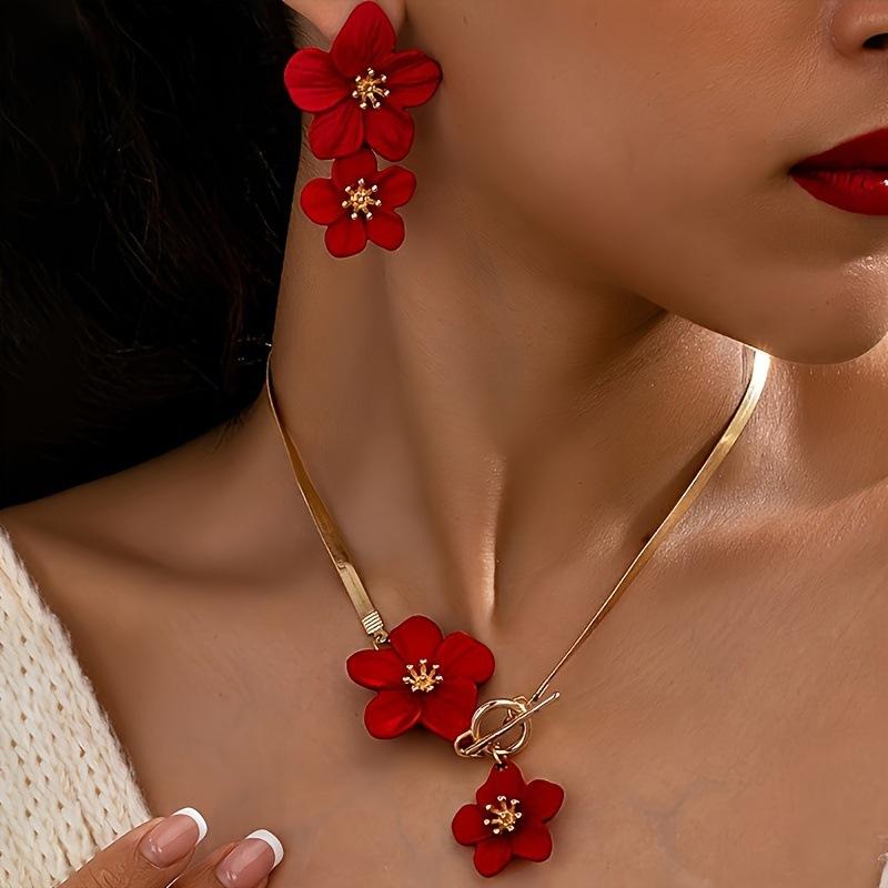 Stylish and elegant alloy flower pendant necklace earrings set women's atmosphere high sense fashion versatile
