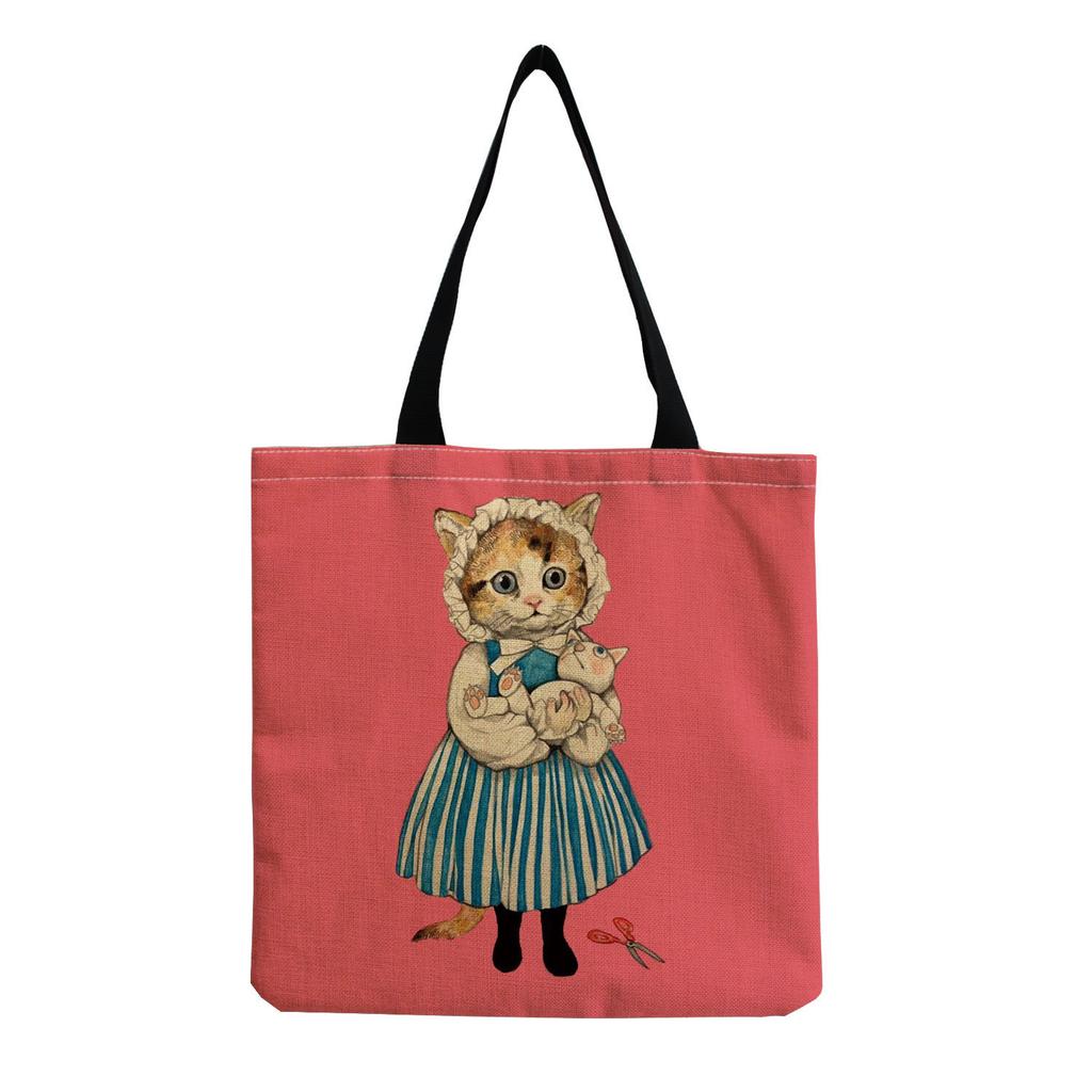 Women Vintage Linen Tote Bag - Large Capacity Cat Print Shoulder Handbag for Casual & Grocery Shopping KTB