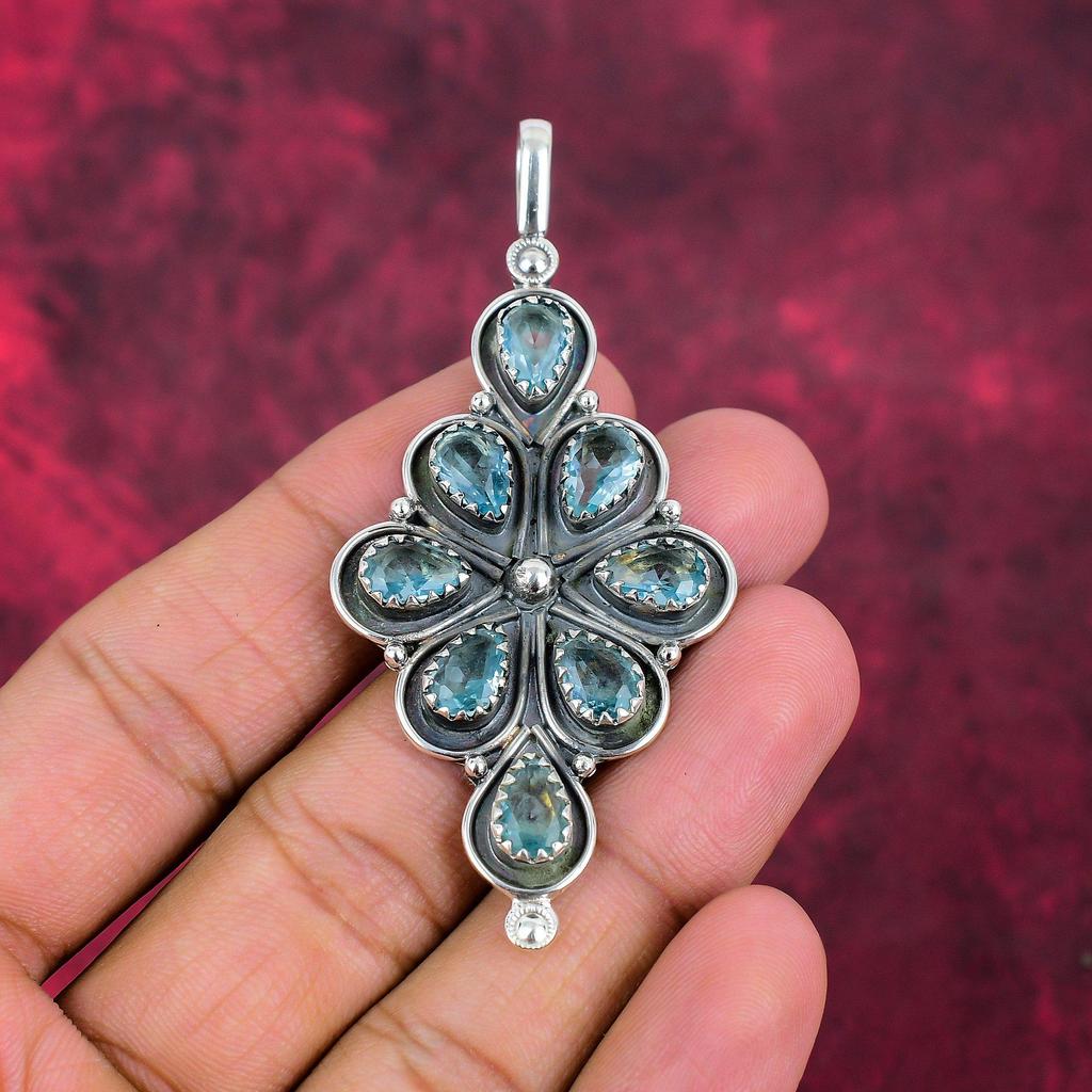 Blue Topaz Pendant, 925 Solid Sterling Silver Gemstone Jewelry, Handmade Pendant, For Thanksgiving