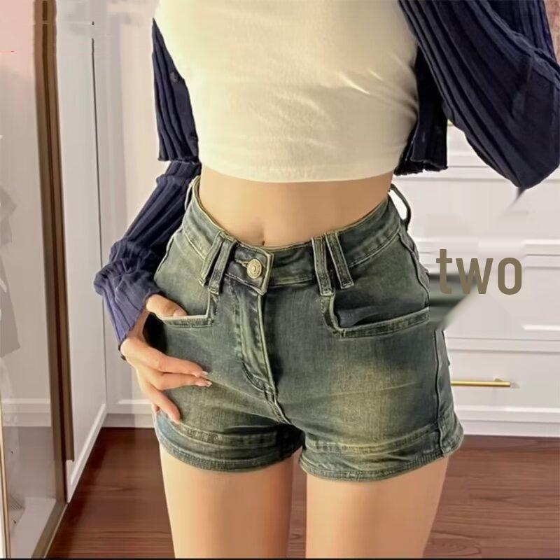 Summer 2024 Spicy Girl High-Waisted Retro Denim Shorts for Petite Women Medium