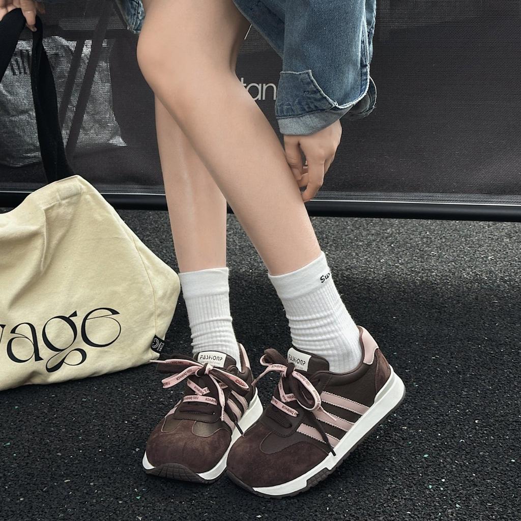 Korean version ins casual sports double shoelaces color matching soft sole big head German training women 2025 new retro Forrest Gump board shoes
