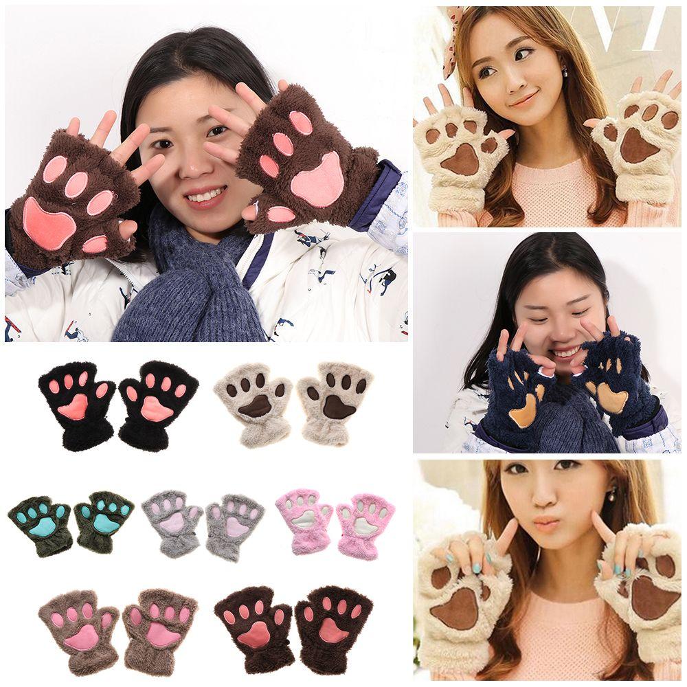14Colors Women Winter Lovely Warm Bear Cat Paw  Gloves Fingerless Plush