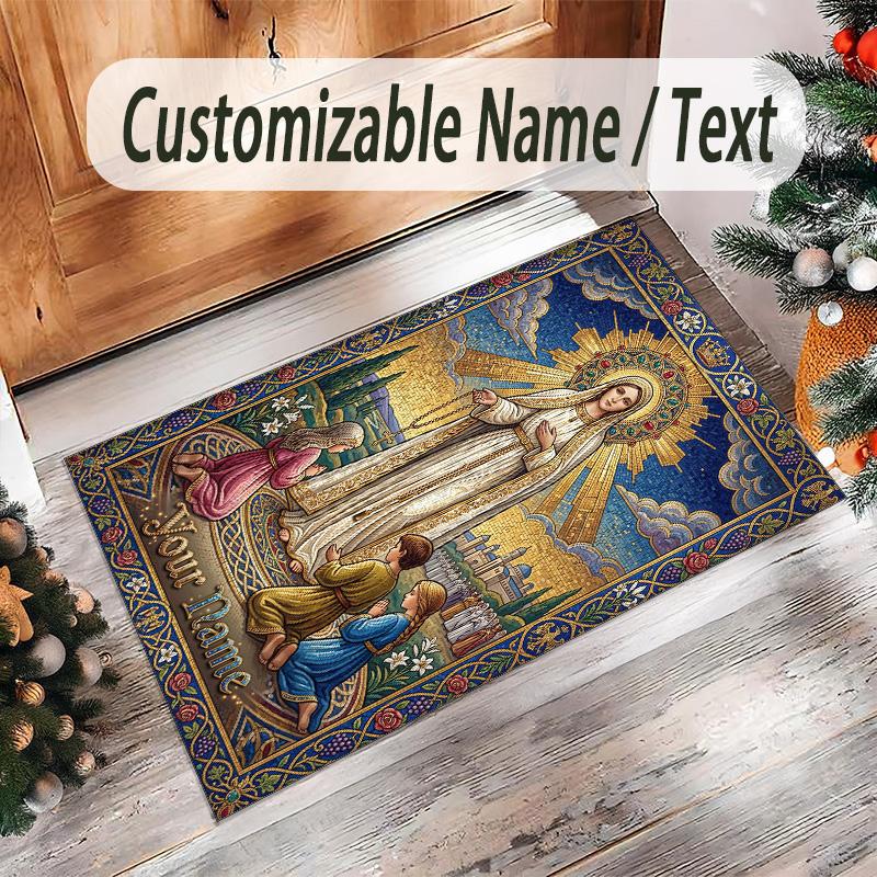 Virgin Mary Theme Crystal Velvet Rug Personalized Custom Name Text Soft Floor Mat Home Decor