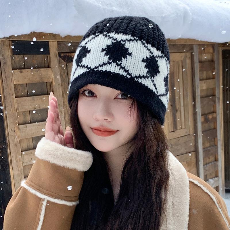 Korean Retro Rhombus Knitted Hat Versatile and Fashionable Korean Style Trendy Pullover Hat Outdoor Autumn and Winter Warm Woolen Hat for Women