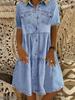 2024 Multi-Button Midi Denim Dress with Pockets - Short Sleeve