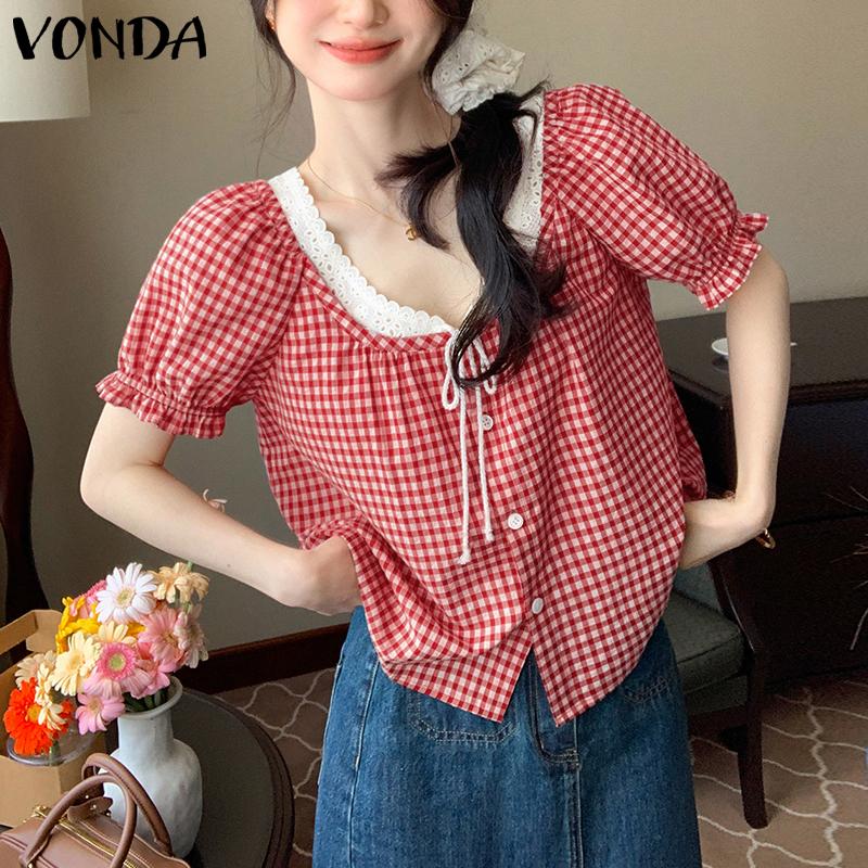VONDA Camicetta estiva da donna, a maniche corte, senza spalline, in pizzo patchwork, con stampa scozzese