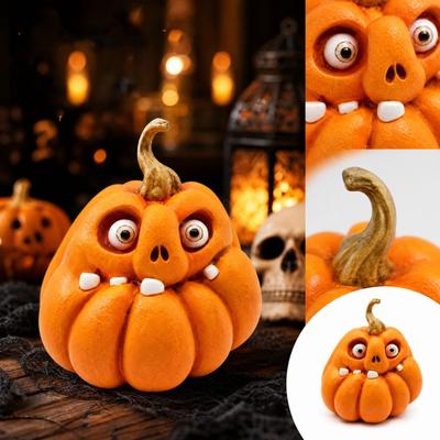 Figurine en Résine de Citrouille d'Halloween avec Visage Drôle et pour Décoration de Bureau de Fête