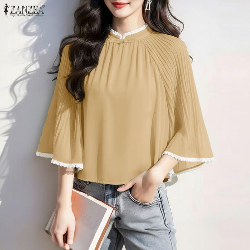 

ZANZEA Жіноча повсякденна вільна блузка зі стійкою та рукавом 3/4 2XL хакі