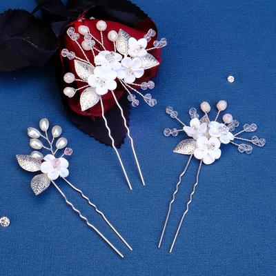 Retro Soft Pottery Flower Hairpin High-end Bridal Wedding Hair Accessories Handmade Crystal Pearl Pin Headdress for Women