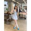 [Soft blue and one water] High-intelligence lace splicing fake two-piece temperament waist dress knitted fabric