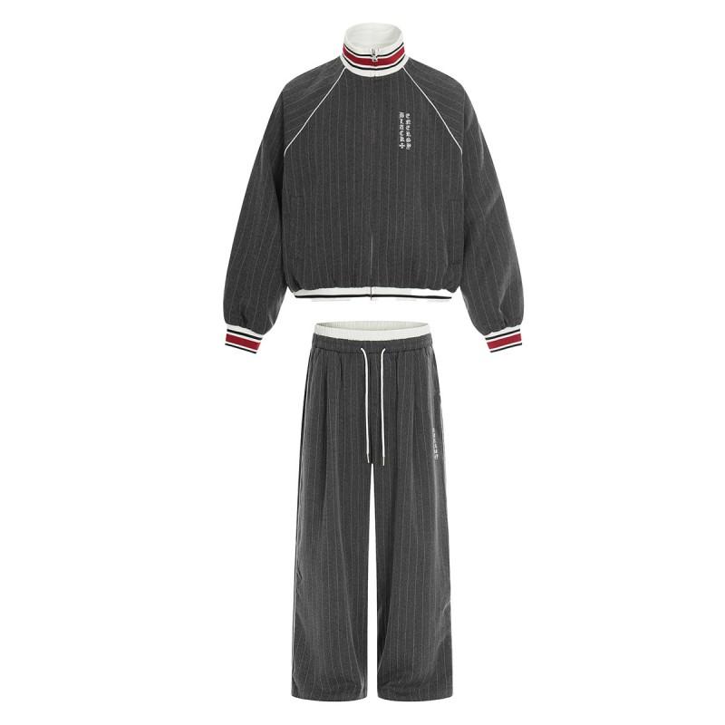 Mens Vintage Baseball Jacket Striped Casual Outerwear Fall Loose Fit Stand Collar Windproof