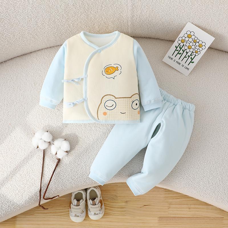 

Quilted Newborn Open-Crotch Set for Boys & Girls - Asymmetrical Tie-Up Long Sleeve Cotton Outfit for Autumn/Winter 59 cm