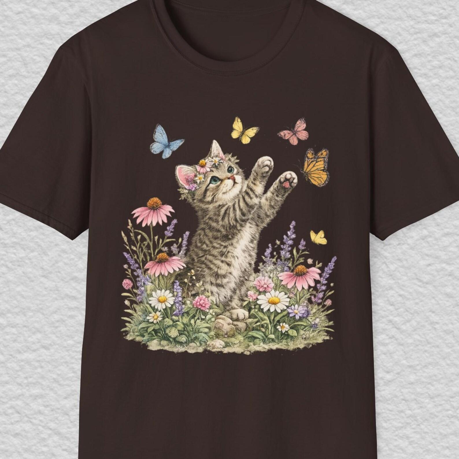 Cute Kitten Butterfly Shirt, Cat Lover Gift Tee, Floral Cat T shirt, Spring Summer Kitten Shirt, Cute Animal Tee, Playful Kitten Shirt L