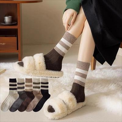 5 Pairs Women Striped Mid-calf Socks Autumn Winter Thermal Knitted Socks Brown Retro Slouch Boot Socks Casual Daily EU 35-42