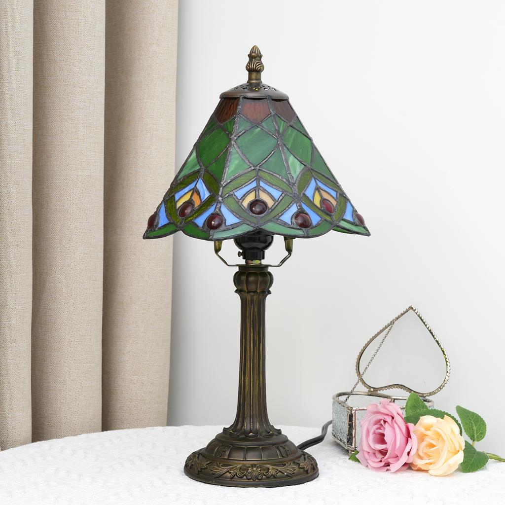 Table Lamp Green Peacock Tail Stained Glass Lamp Vintage Desk Light for Bedside Living Room Office Dormitory Dining Room