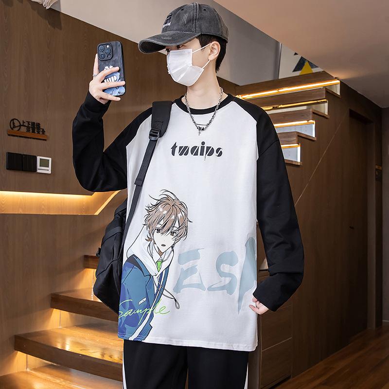 

Осенняя футболка с длинным рукавом для подростков, мужская универсальная свободная футболка, футболка с мультяшным принтом, повседневный свитер 3XL чёрный