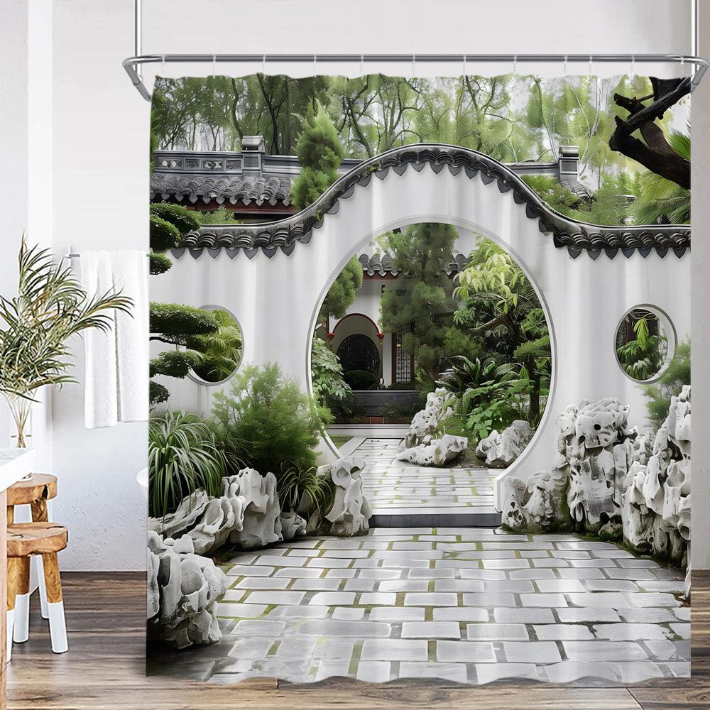 Chinese Courtyard Shower Curtain Arch Door Green Tree Bamboo Yard Path Garden Classical Bathroom Decor Bath Curtain with Hook