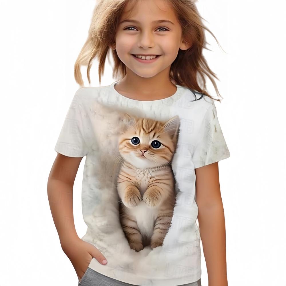 2025 New Girl's T-shirt Fashion Dolphin Children's Clothing Summer Girl's Clothing Cartoon Top Cute Cat Printed T-shirt Children's Clothing
