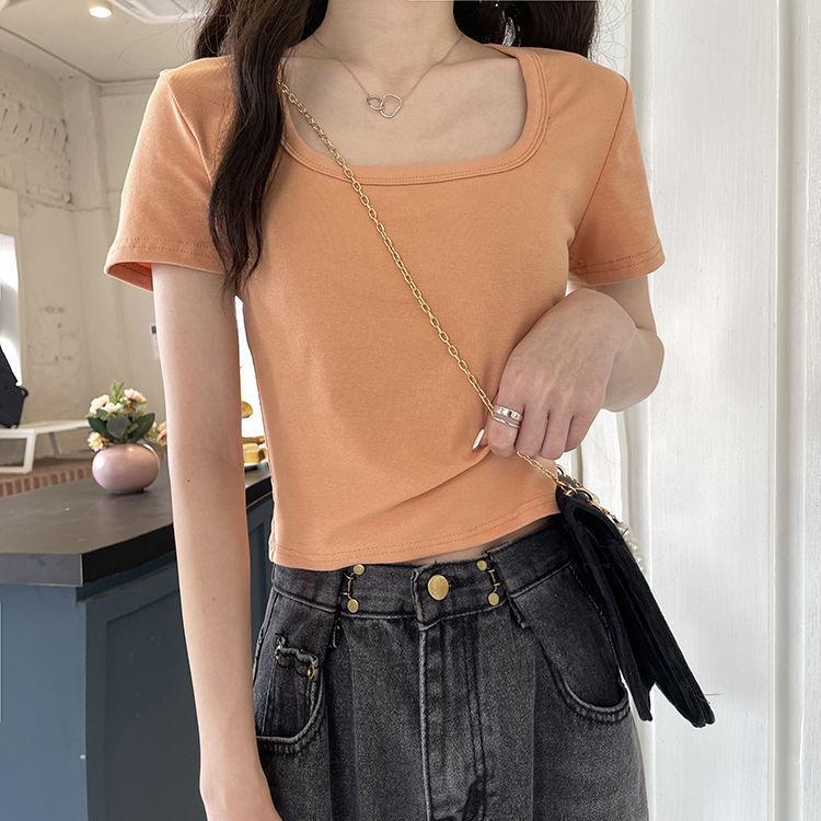 Summer Short T-shirt for Women's Solid Color New High-waisted Slim and Versatile Short-sleeved Square Collar Top