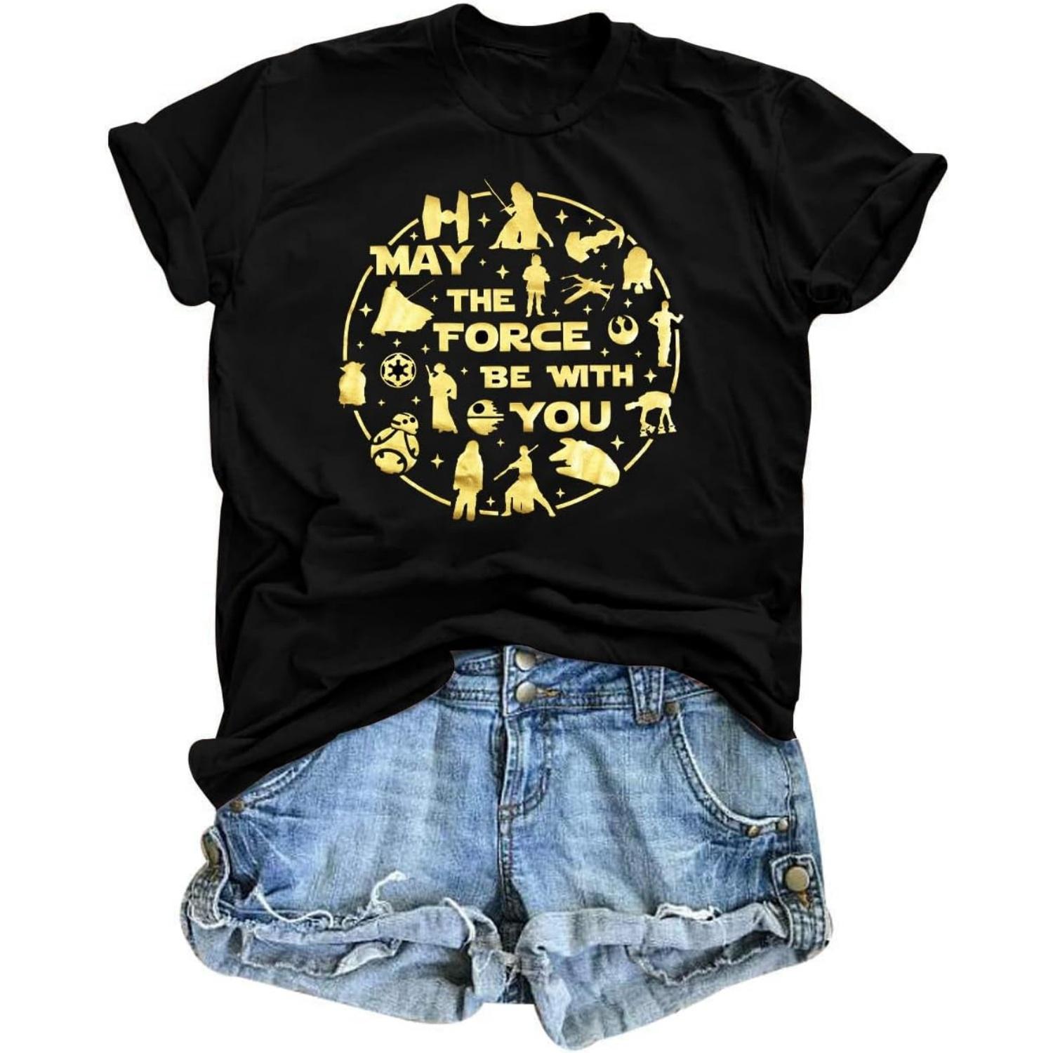 

FRYAID May The Power Be with You Shirt Women Vintage Magical Tshirt Magic Graphic Tee Family Vacation Casual Short Sleeve Top S чёрный