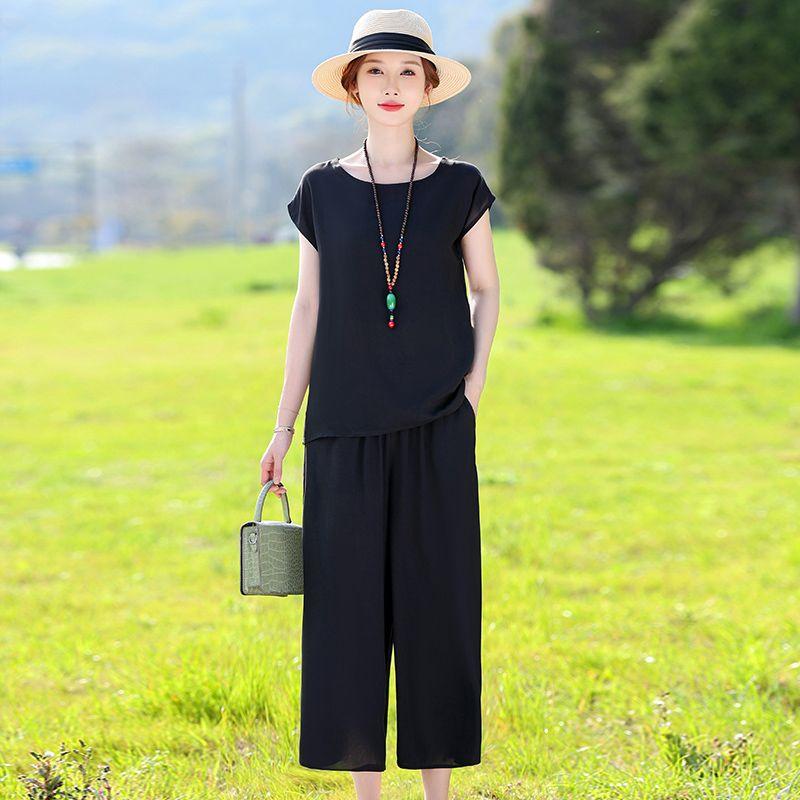 Cotton Silk Two Piece Set Womens Summer Outfit Loose Short Sleeve T-shirt and Pants Casual Trendy Plus Size
