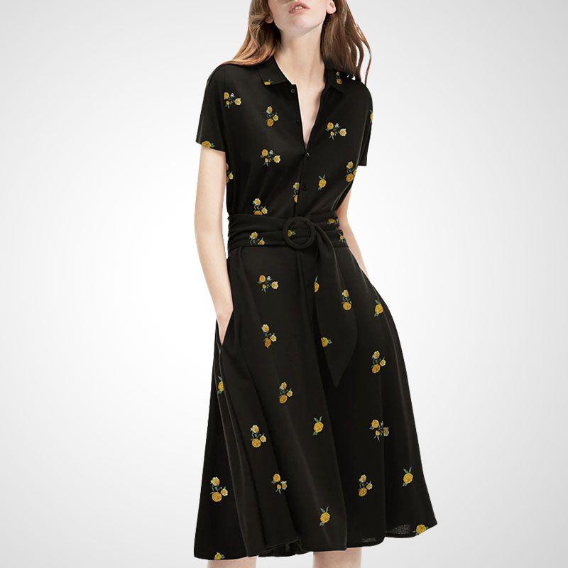 

Fashion Pleated Slim Autumn V Neck A- line Dress Small yellow flower color (short sleeve S