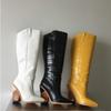 Leather women knee high boots pointed toe western cowboy boots women mid-calf chunky wedge boots